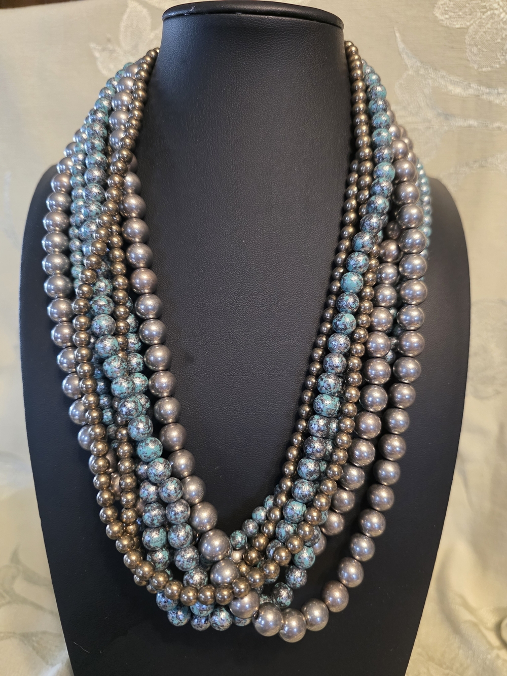 #802 Multi-Strand Metallic and Turquoise Bead Necklace